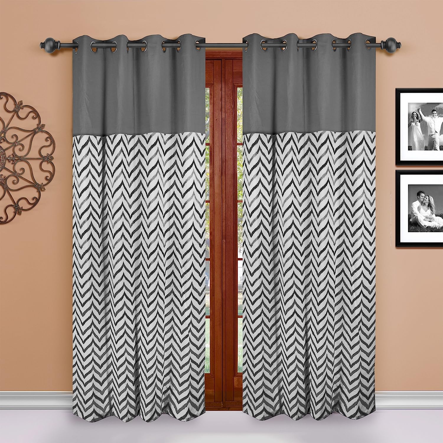Dekor World Cotton Grey Ikat Chevron Printed Eyelet Curtain Set (Pack of 2)-110x215cm (4x7 Feet) Door Curtain