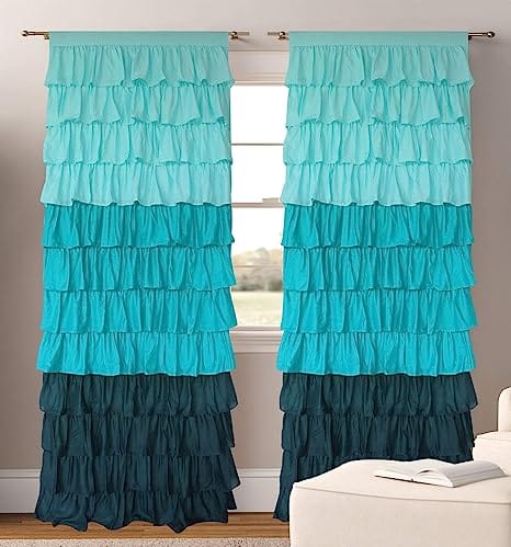 Dekor World Cotton Three in one Ultimate Ruffle Rod Plaid Curtain Set (Blue, 5)