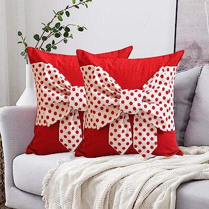 Dekor World 2 Piece Cotton Printed Tie Villa Collection Cushion Cover-for Living Room and Bedroom (Dot Red, Regular-40x40 cm)