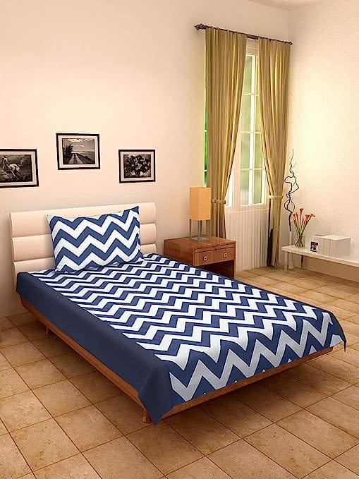 Dekor World Cotton Printed Navy Blue Chevron Single Bedsheet with Pillow Cover (Pack of 2 Piece) for Bedroom
