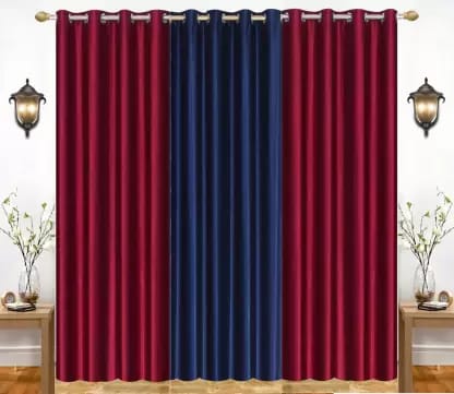 India Furnish 274 cm (9 ft) Polyester Semi Transparent Long Door Curtain (Pack Of 3)  (Plain, Solid, Blue & Maroon)