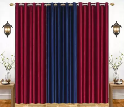 India Furnish 274 cm (9 ft) Polyester Semi Transparent Long Door Curtain (Pack Of 3)  (Plain, Solid, Blue & Maroon)