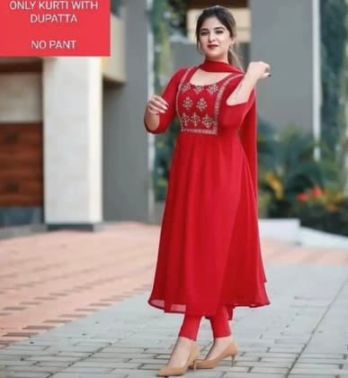 SKYCLOUD PRESENT Women Embroidered Georgette Flared Kurta With Attached Dupatta  (Red-l)
