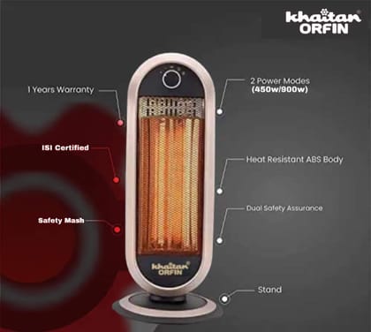 Khaitan orfin 2 Rod Carbon Room Heater for Winter with 2 Heat Setting - 450W, 900W 180 Degree Oscillating Function, Black/Brown