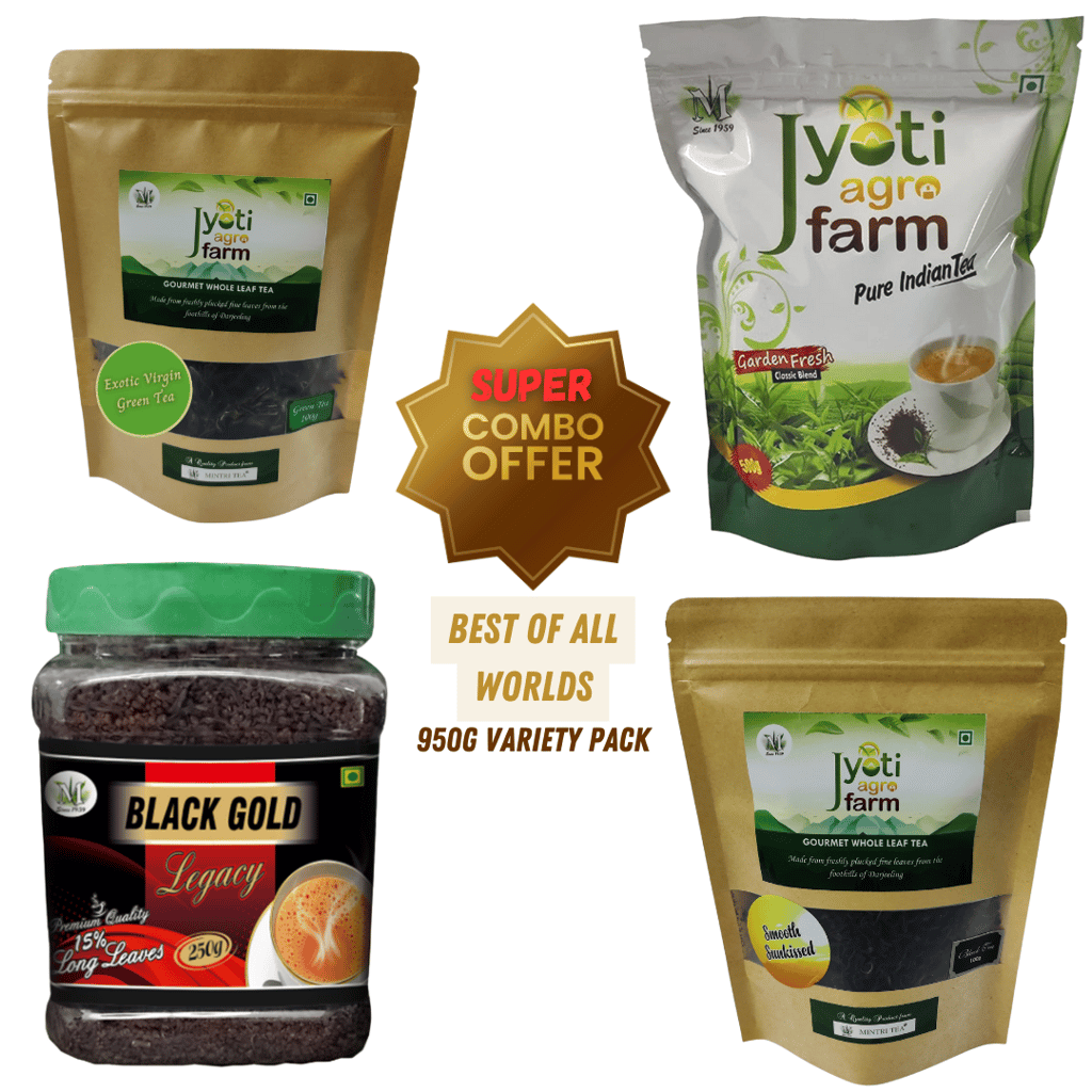 Super Combo- Jyoti Chai 500g, BlackGold Legacy Premium Chai 250g, Natural Green Tea 100g, Smooth Sunkissed Black Orthodox Tea 100g | Mintri Tea 950 g Variety Combo