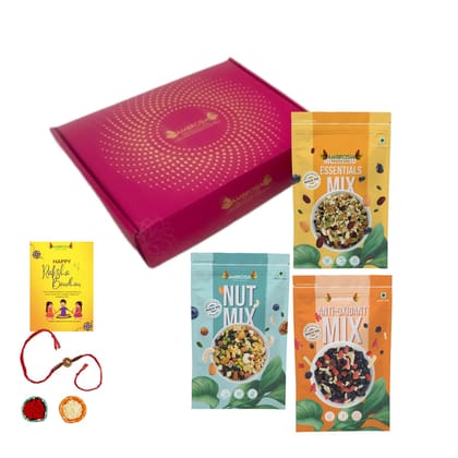 Ambrosia Healthy Trail Mixes Gift Hamper with Rakhi Tikka & Greeting Card (NutMix 250g, Morning Mix 250g, Seed Mix 250 g)