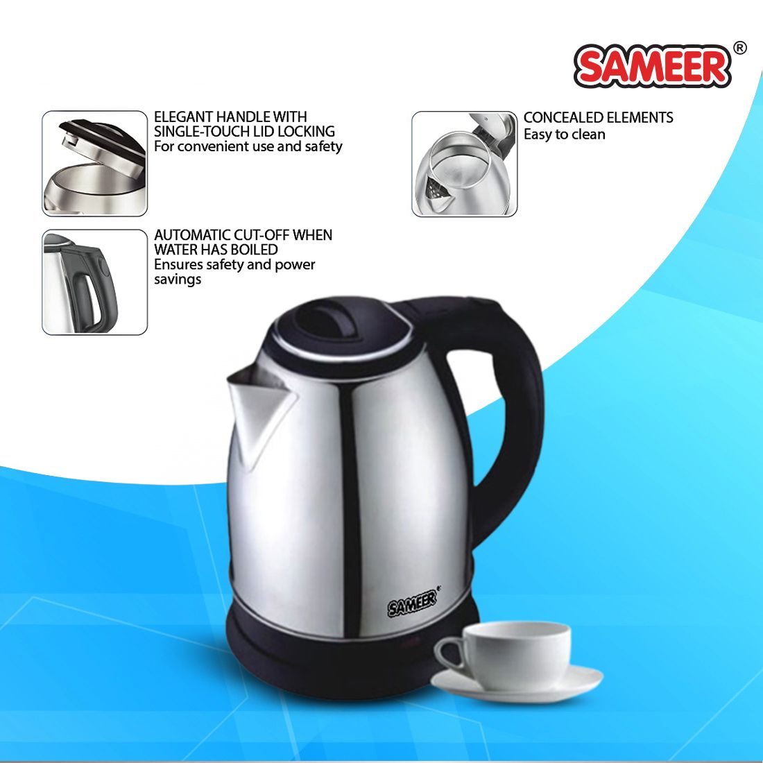 Sameer Electric Kettle 1.2L Electric Kettle  (1.5 L, Metal Grey)