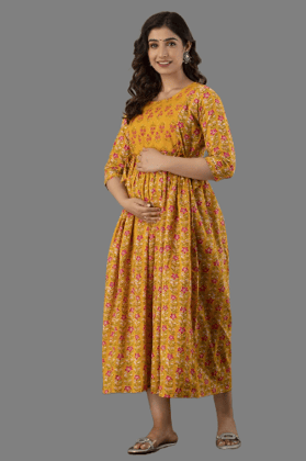 Women's Cotton Rayon A-Line Maternity Feeding Mango yellow color Kurti with Zippers