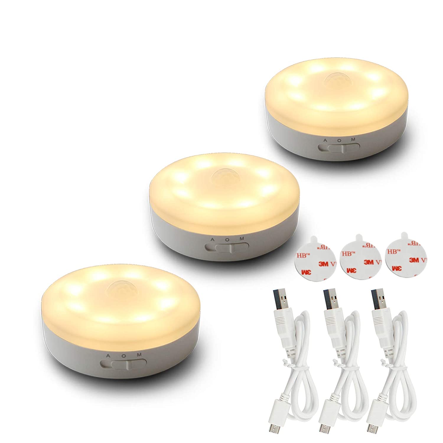 Rechargeable Motion Sensor Light 1000mAH LED Puck Lights, Stick Anywhere Light, Cordless Closet Light, Automatic Under Cabinet Lighting for Counter,Pantry,Wardrobe,Hallway,Stairs,Warm White 3 Pack