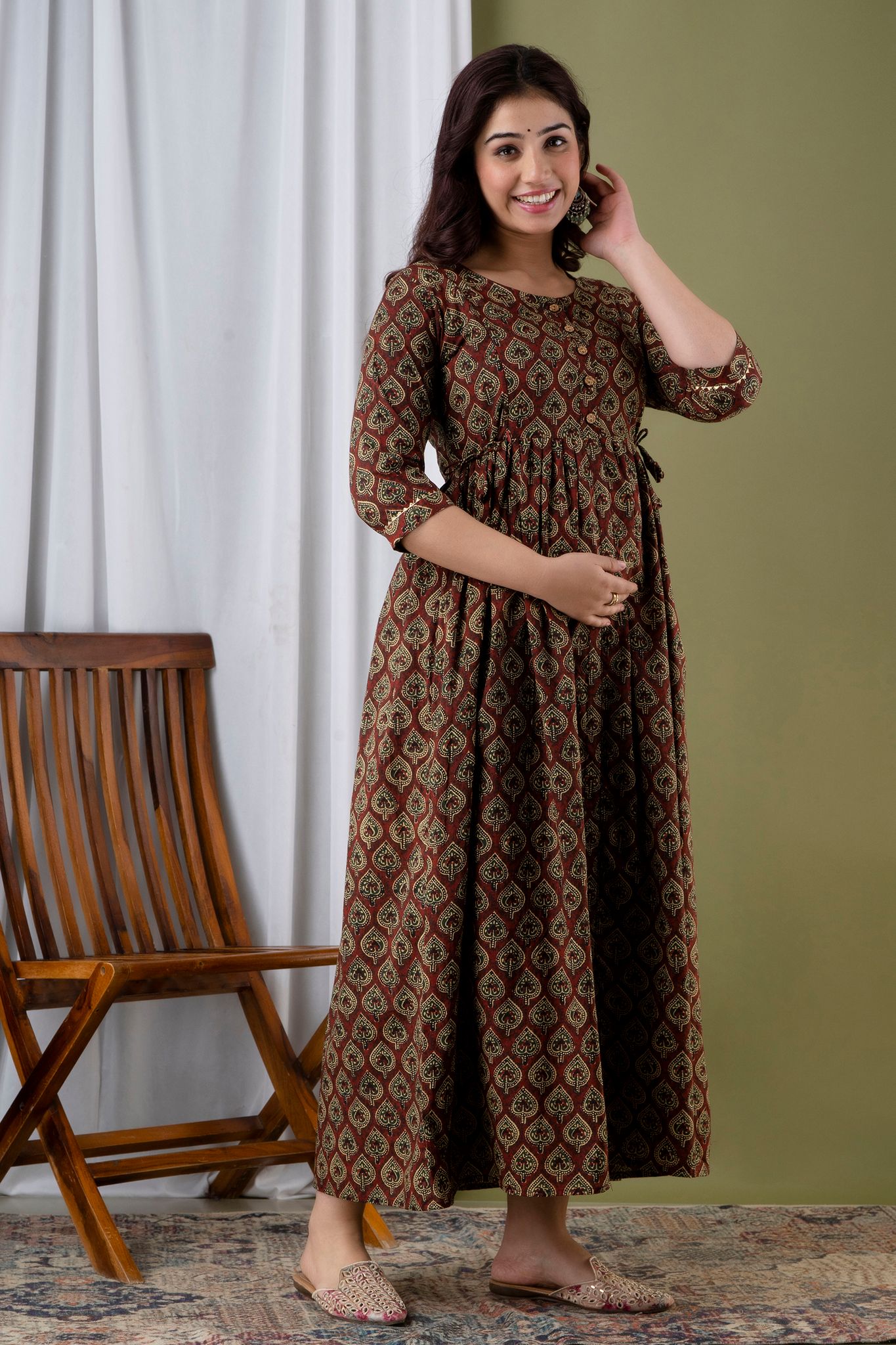 Women's Cotton Rayon A-Line Maternity Feeding marron Kurti with Zippers