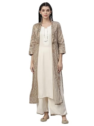 Nesara Off White Printed Jamdani Silk Shrug, Rayon Kurta And Palazzo Set