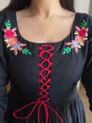 Women Embroidered Viscose Rayon Ethnic Dress (Black)