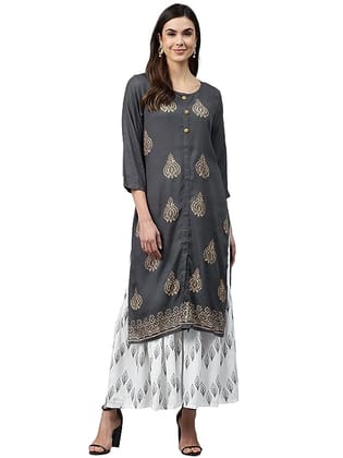 Nesara Grey Women Rayon Printed Straight Kurta With Sharara