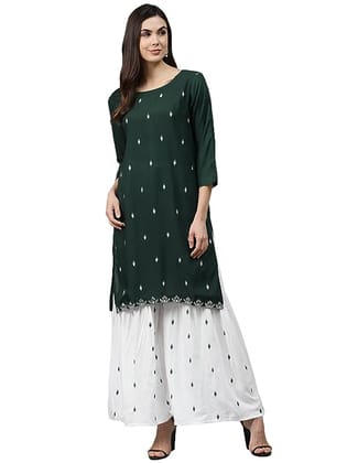 Nesara Green Women Rayon Printed Straight Kurta With Sharara