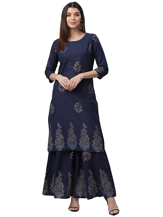 Nesara Navy Blue Gold Foil Printed Kurta Set