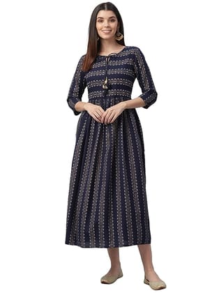 Nesara Navy Blue Hand Embroidered Beaded Cotton Women's Dress