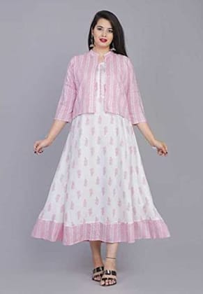 FASHION Women's Rayon Anarkali Kurta with Baby Pink Print Jacket