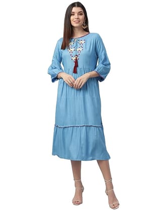 Nesara Blue Embroidered Rayon Slub Women's Dress