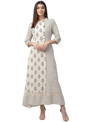 Nesara Off White Cotton Slub Printed Women's Dress