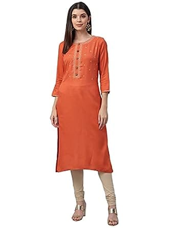 Nesara Embroidered Cotton Slub Women's Kurta (Orange)