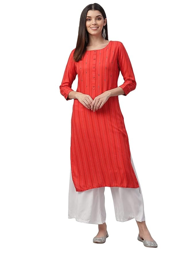 Nesara Printed & Handwork Rayon Women's Kurta (Orange)