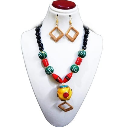 CLAY & GLASS BEADED WITH CHEMICAL BEAD PENDENT NECKLACE