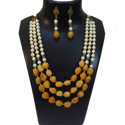 WOMEN'S YELLOW AVENTURINE & SYNTHETIC PEARL NECKLACE