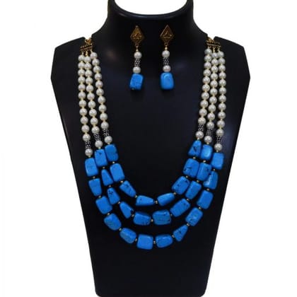 TURQUOISE TUMBLE & SYNTHETIC PEARL NECKLACE ( BLUE)