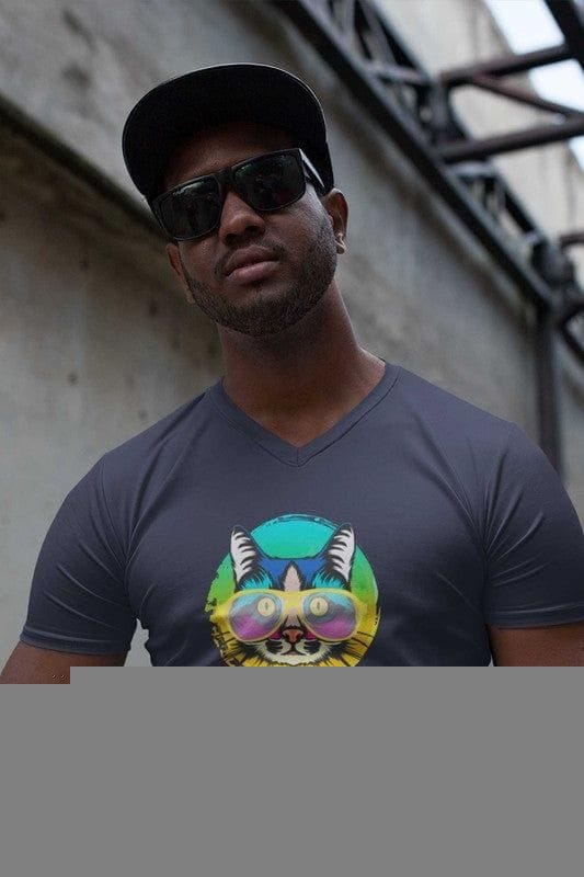 V Neck T-Shirt (Men) - Cat With Glasses (6 Colours)