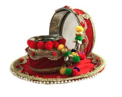 Loops n knots Karva Chauth Indian Traditional Decorative Red Pooja thali Beautiful Ethnic Gift, Indian Handicraft,karvachauth channi,Pooja Thali Set for Vrat, Poojan &Temple