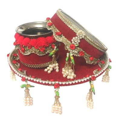 Loops n knots? Karwachauth Pooja Thali Set Red for Vrat Poojan & Temple Indian Festival Decorations