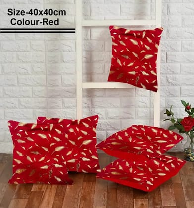 Velvet fur cushion cover leaf pattern, 16x16, red, set of 5