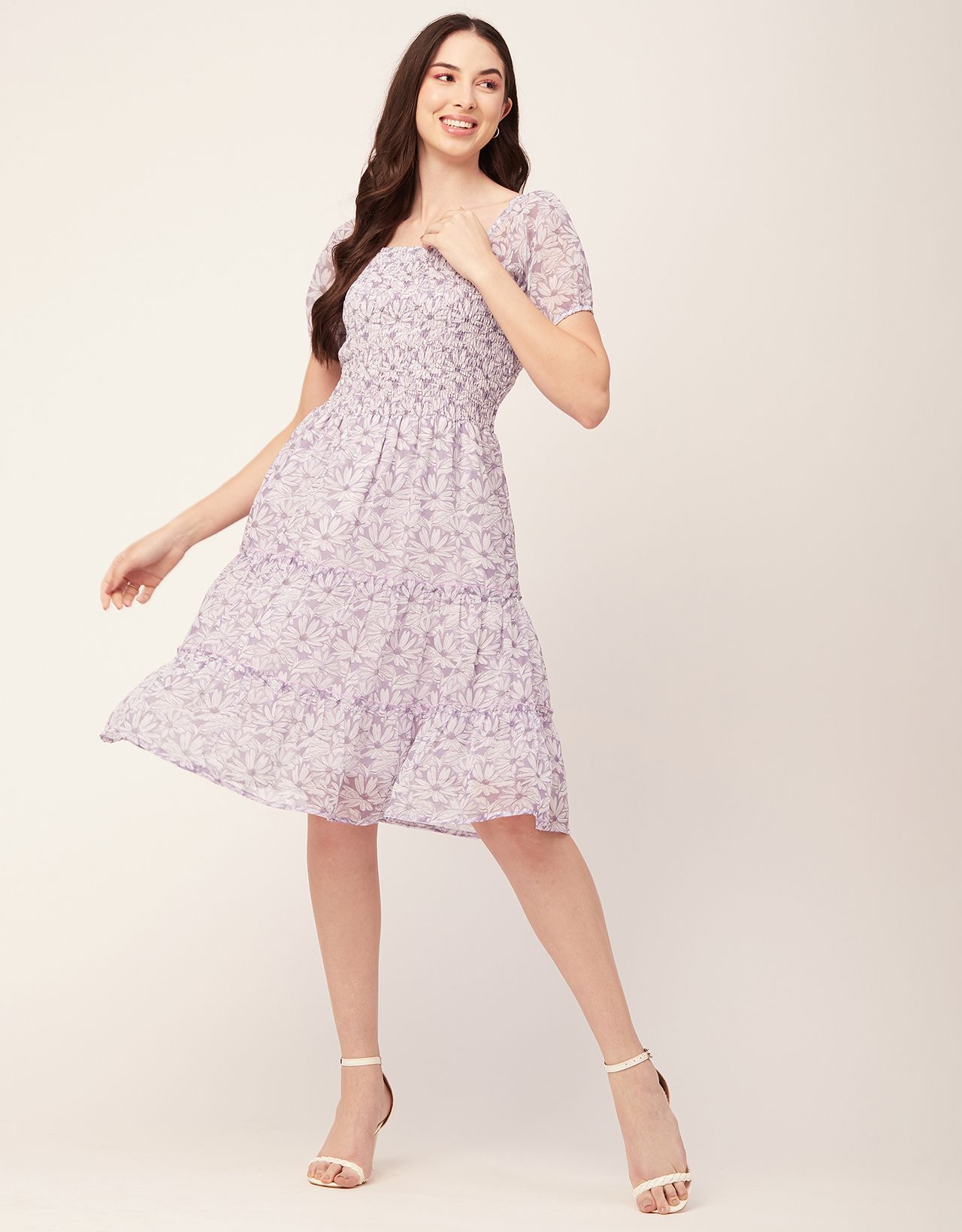 Moomaya Womens Printed Smocked Dress Knee Length Summer Dress