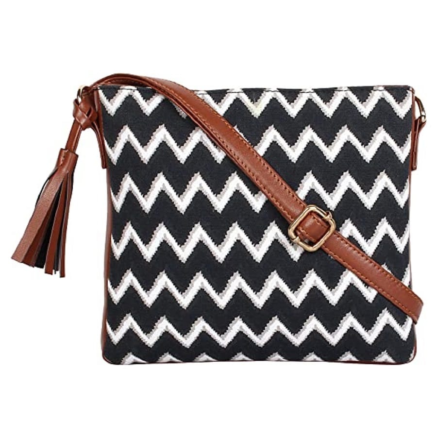 Lychee bags Women Printed Canvas Black Zig Zag Sling Bag