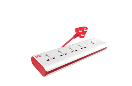 GM 3060 E-Book 4 + 1 Power Strip Red & White Color with Master Switch, Indicator, Safety Shutter & 4 International sockets, Extension Cord, Spike Guard