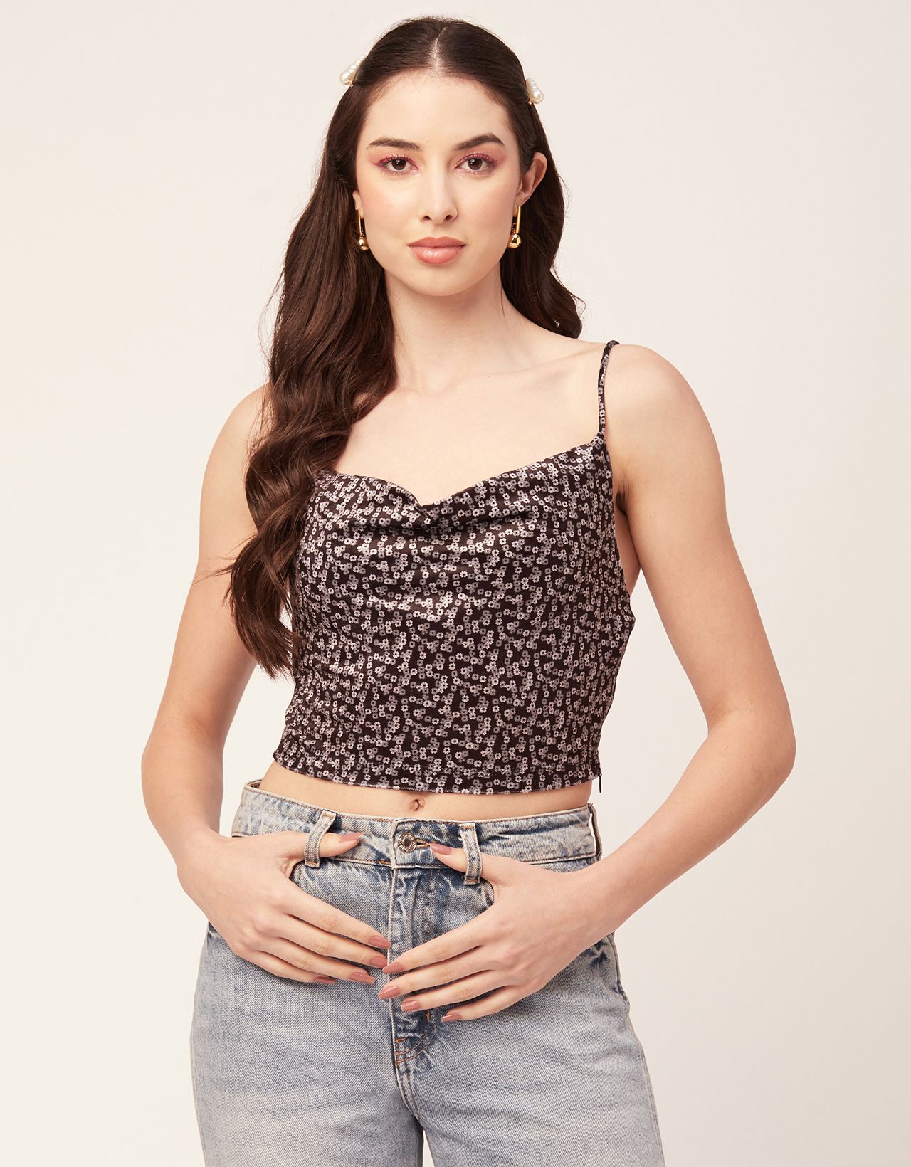 Moomaya Printed Velvet Crop Tops For Women Adjustable Spaghetti Straps Sweetheart Neck Crop Top