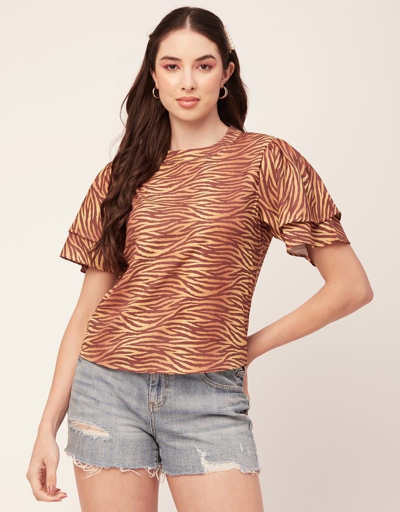 Moomaya Printed Tops For Women Round Neck Flutter Sleeve Poly Crepe Tunic Top - Kurtis, Tunics | Buy online on ZillyBuy