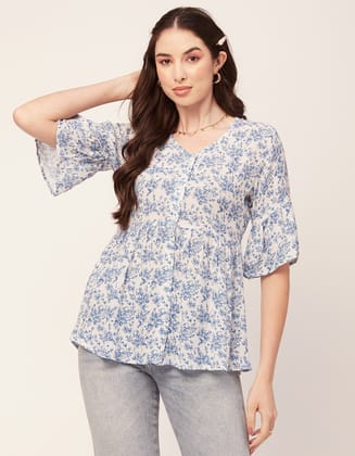 Moomaya Women Printed Summer Tunic Top V Neck Button Down Flutter Elbow Sleeves Flared Top