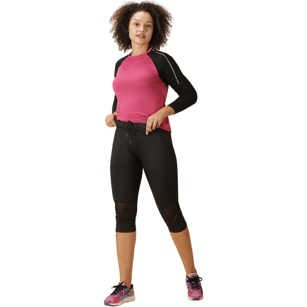 DOMIN8 Women's Branded Drawstring waist Slim fit self-printed Capri pants with side pockets.