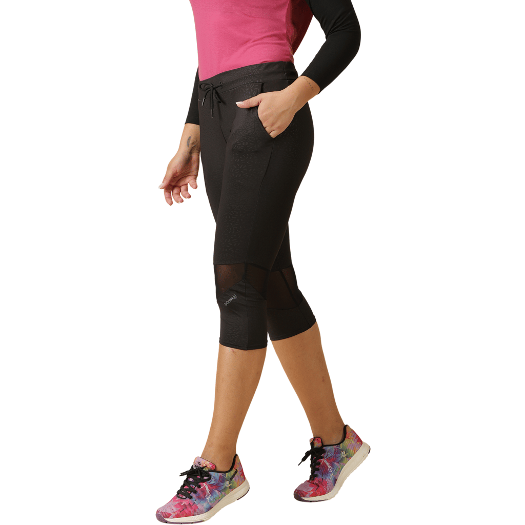 DOMIN8 Women's Branded Drawstring waist Slim fit self-printed Capri pants with side pockets.
