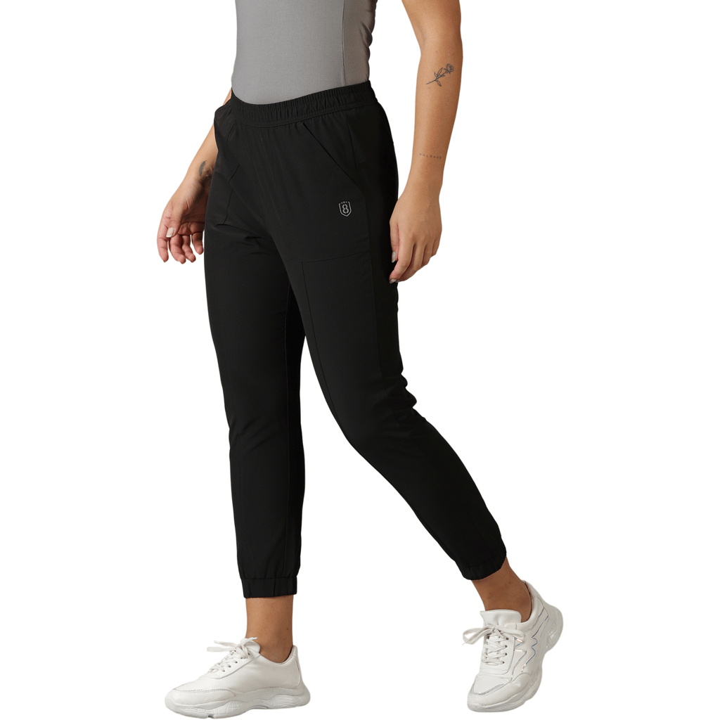 DOMIN8 Women's Elastic waist Solid Training Black Track Pants with Pockets