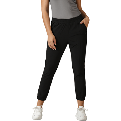 DOMIN8 Women's Elastic waist Solid Training Black Track Pants with Pockets