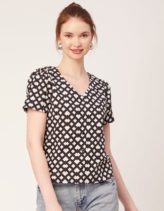 Moomaya Printed Cotton Tops For Women V Neck Short Puff Sleeve Regular Fit Top