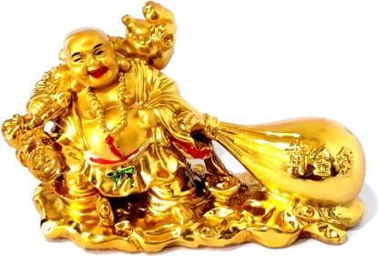 Golden Laughing Buddha with Potli~Laughing Buddha Statue with Money Bag,Home Decor Showpiece,Gift Showpiece,Fengshui Gift,Newyear~Diwali~Gift Statue Showpiece,Buddha for Money,Wealth Decorative Showpiece - 7 cm  (Polyresin, Gold)