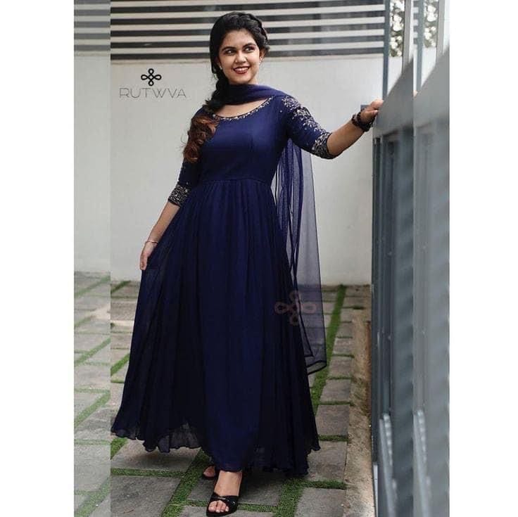 Women's Cotton Floral Print Embroidered dark Blue Stylish Kurti/Kurta Set with Pant & Dupatta