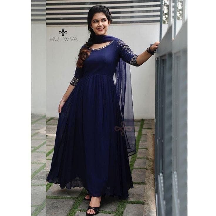 Women's Cotton Floral Print Embroidered dark  Blue Stylish Kurti/Kurta Set with Pant & Dupatta