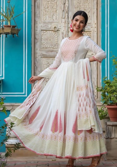 Women's Cotton Floral Print Embroidered Stitched Anarkali white color  Stylish Kurti/Kurta Set with Pant & Dupatta in Pink