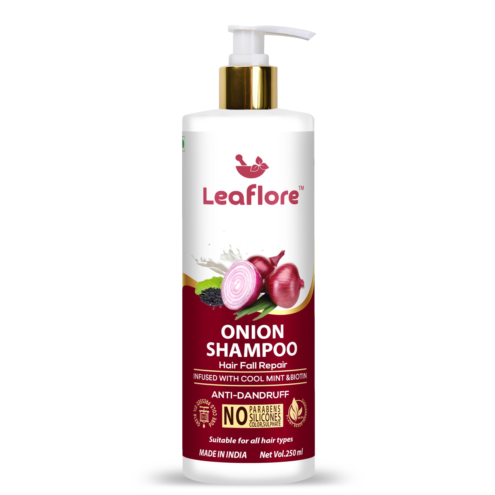 Leaflore Onion Shampoo | Professional Anti-Dandruff Shampoo | 72 HRS Scalp Detox | 6-in-1 Formula | Paraben-free | Shampoo for Men & Women, 250ml