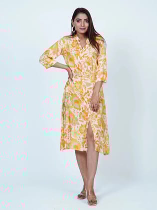 Yellow Floral Pure Muslin Midi Dress