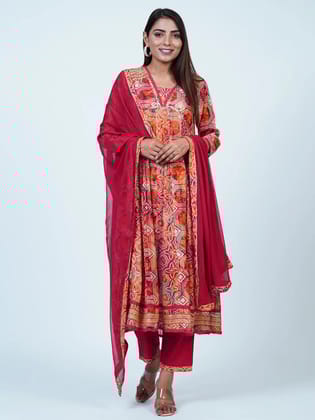 Rust Embroidered A-Line Cotton Suit Set
